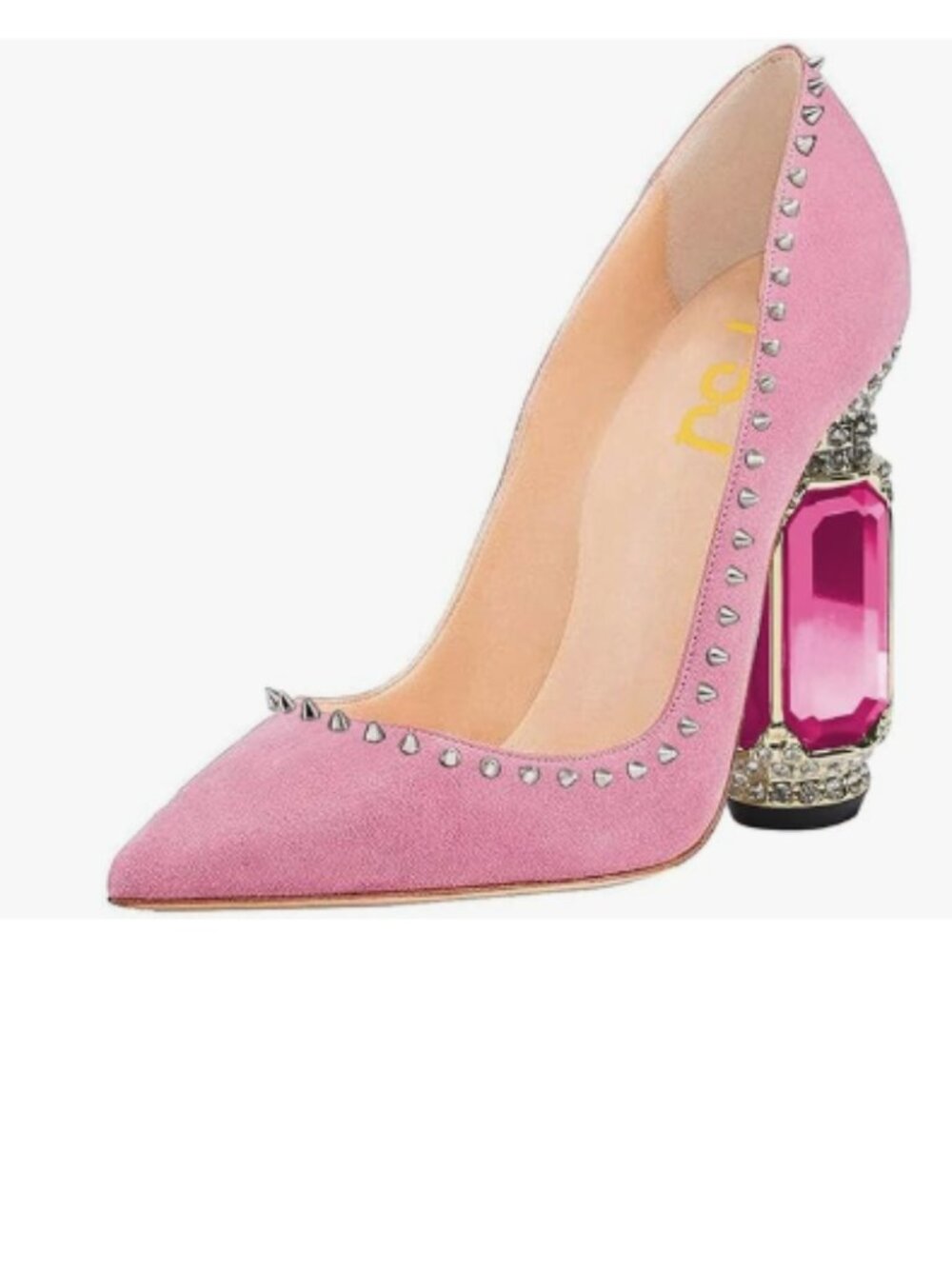FSJ Pink Suede Bridal Pointed Toe Chunky High Heel Crystal Slip on Wedding Pumps